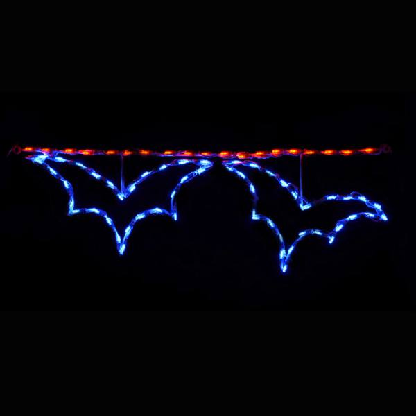 Three connected blue and orange commercial LED bat silhouettes on a dark background