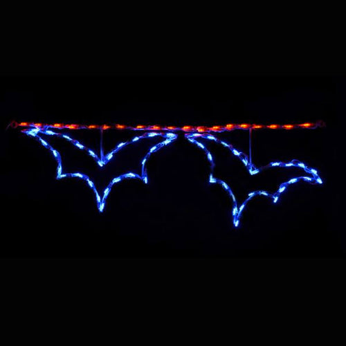Three connected blue and orange commercial LED bat silhouettes on a dark background