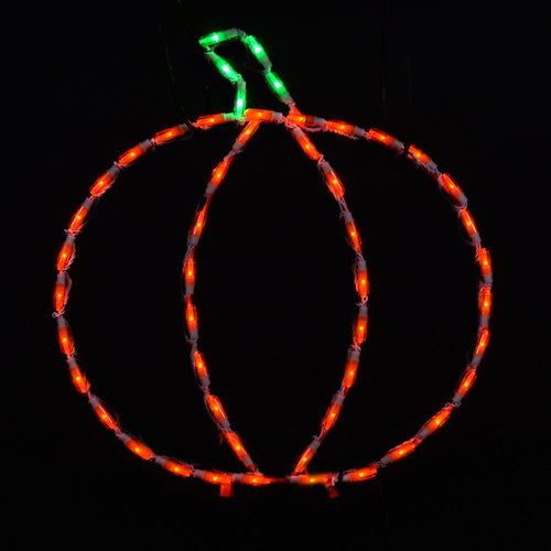 Orange and green 19-inch commercial LED pumpkin display on a dark background