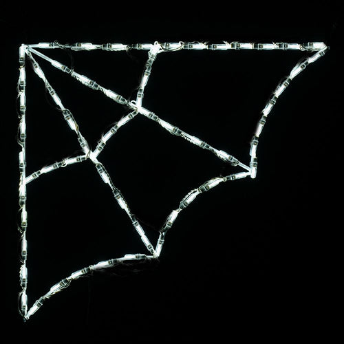 White commercial LED corner spider web display glowing on a dark background
